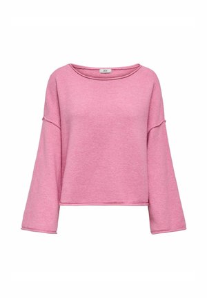Rosa cropped genser med rund hals og vide ermer. Stoffet har en myk tekstur med synlige sømdetaljer.
