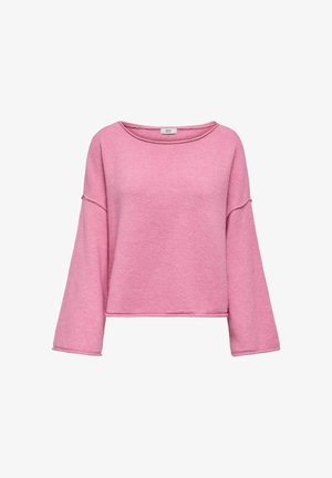 Suéter corto rosa con un escote redondo y mangas anchas. La tela tiene una textura suave con detalles de costura visibles.