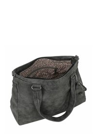 Borsa tote nera con texture, con manici doppi, apertura superiore con cerniera e interno a fantasia rosa. Presenta una tasca con cerniera e decorazioni.