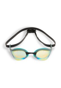 Gafas de natación con un marco transparente de color teal, lentes amarillos espejados y una correa negra ajustable. Presenta un diseño aerodinámico y elegante.