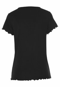 Black short-sleeve top made of ribbed fabric. Features a rounded neckline and wavy edges along sleeves and hem for a textured look.