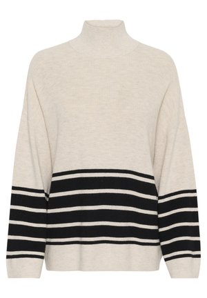 Beige turtleneck sweater with a ribbed texture and black horizontal stripes. Oversized fit, featuring long sleeves and a relaxed silhouette.