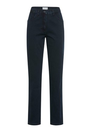 Dunkelblaue Jeans mit geradem Bein, ausgestattet mit einem vorderen Knopfverschluss, Gürtelschlaufen und zwei vorderen Taschen. Glatte Textur.