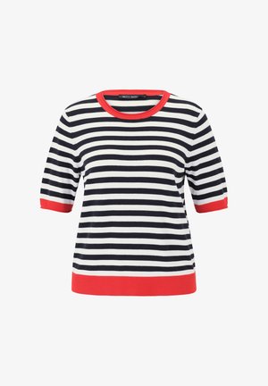 Haut à manches courtes rayé avec des rayures horizontales noires et blanches, col et poignets rouges côtelés, fabriqué en matériel tricoté doux.