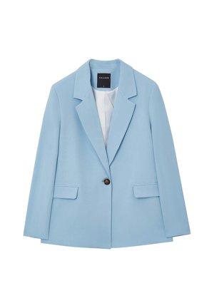 Light blue single-button blazer with notched lapels, flap pockets, and a white inner lining, displayed flat against a white background.