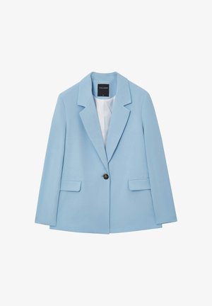 Light blue single-button blazer with notched lapels, flap pockets, and a white inner lining, displayed flat against a white background.