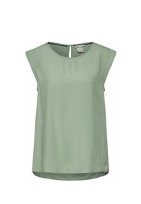 Haut vert clair à manches courtes avec une ouverture en forme de trou à l'arrière, texture douce, encolure arrondie et ourlet droit. Présente un petit logo en bas.