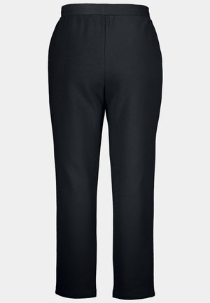 Pantaloni della tuta neri con vita elastica, design a gamba dritta, superficie liscia e senza tasche o decorazioni visibili.