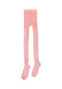 Collant per neonati rosa a costine con piedi chiusi e vita ripiegabile, esposti distesi su uno sfondo bianco.