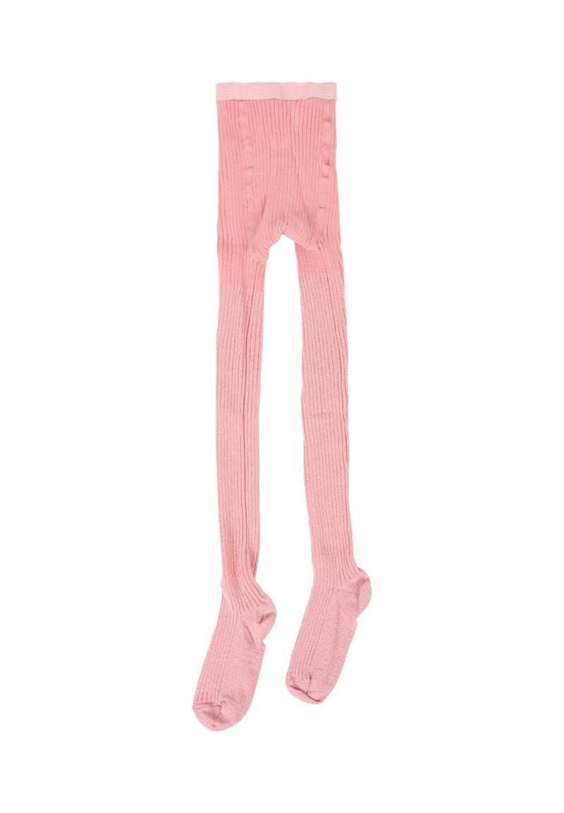 Collant per neonati rosa a costine con piedi chiusi e vita ripiegabile, esposti distesi su uno sfondo bianco.
