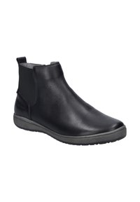 Mustat nahka nilkkurit, joissa on sileä pinta, joustavat sivupaneelit, pyöreä kärki ja harmaa kumipohja. Ei näkyviä kuvioita tai metalliosia.