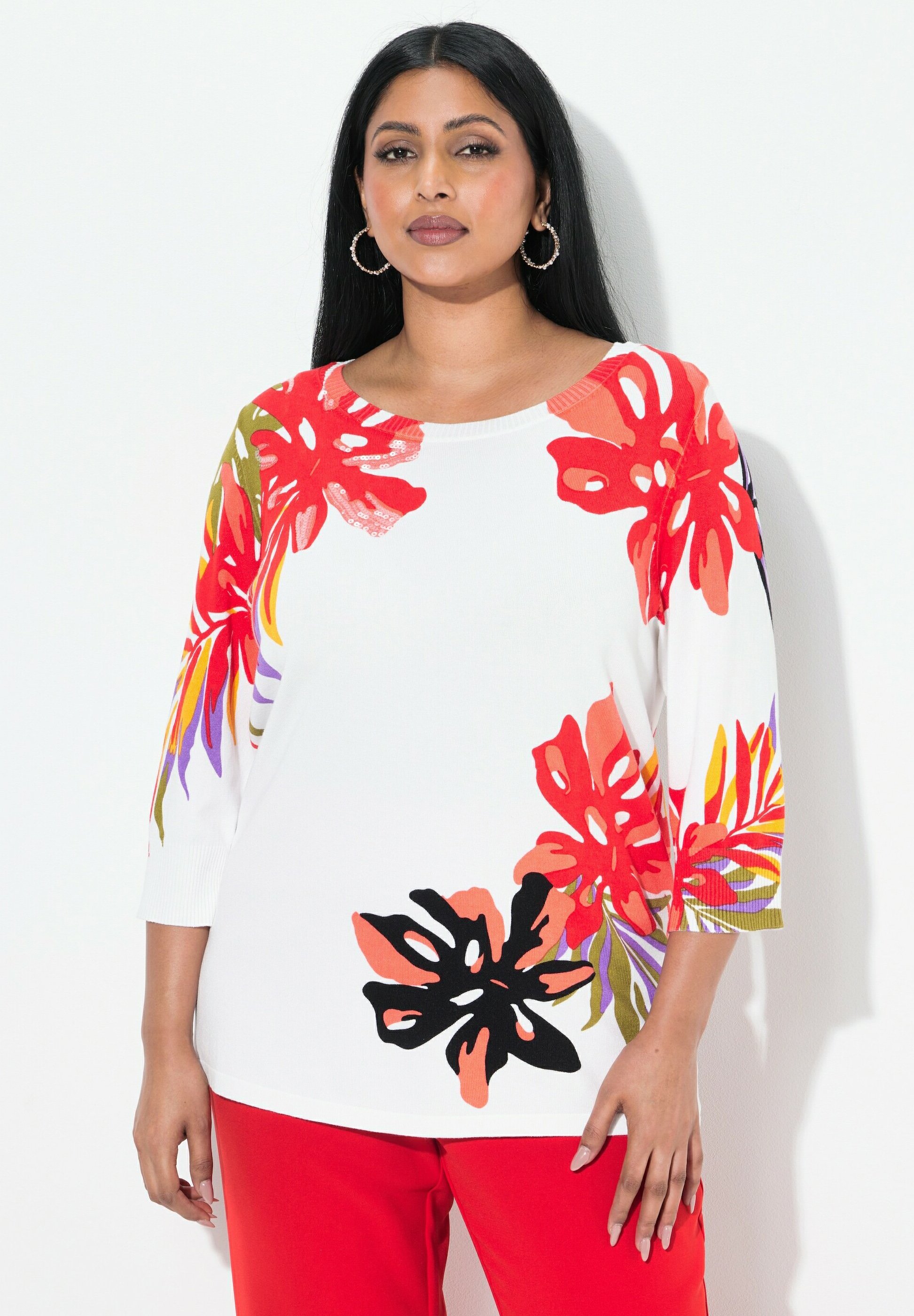 Ulla Popken SEQUINED FLORAL 3/4 SLEEVE Sweatshirt vanilla