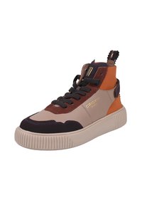 High-top sneakers featuring a mix of beige, brown, orange, and dark purple leather. Thick rubber sole with ridged texture and black laces.
