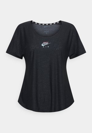 Schwarzes Nike Air T-Shirt für Damen mit kurzen Ärmeln, rundem Ausschnitt und irisierendem Logo auf der Brustmitte.
