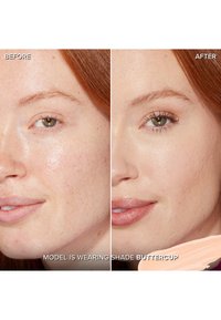 Before and after images of a model's face, showcasing skin improvements and a foundation in shade Buttercup. Skin appears smoother and even-toned.