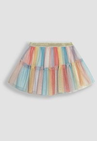 Tüllrokken met veelkleurige verticale strepen in roze, blauw, geel en oranje. Voorzien van een glinsterende gouden elastische tailleband en een gelaagd ontwerp.
