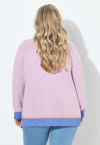 Lichtroze gebreide trui met een geribbelde blauwe zoom en manchetten, met een extra perzikkleurige streep aan de onderkant, ontworpen voor een ontspannen pasvorm.