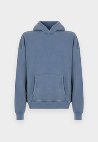 Sweatshirt de algodão azul com um bolso frontal, capuz ajustável com cordão, e punhos canelados. Textura suave, ajuste descontraído e detalhes cosidos.