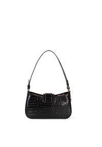 Borsa a mano in pelle nera con stampa coccodrillo, con manici superiori, chiusura con zip e un dettaglio a fibbia rettangolare sul davanti. Texture liscia.