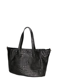 Borsa tote nera in pelle stampa coccodrillo con due manici, forma rettangolare, superficie testurizzata e design strutturato. Senza dettagli hardware visibili.