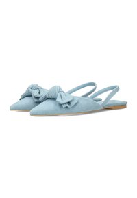 Blaue Stoff-Slingbacks mit spitzen Zehen und übergroßen Schleifen an der Vorderseite. Strukturmaterial und flache Sohle.