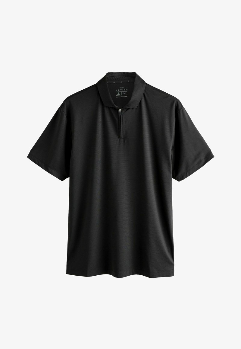 Tricou polo negru cu mâneci scurte, fermoar pe sfert și guler clasic, prezentat pe un fundal alb.