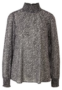 Svart- och vitmönstrad långärmad blus med hög volangkrage och elastiska manschetter i genomskinlig tyg.