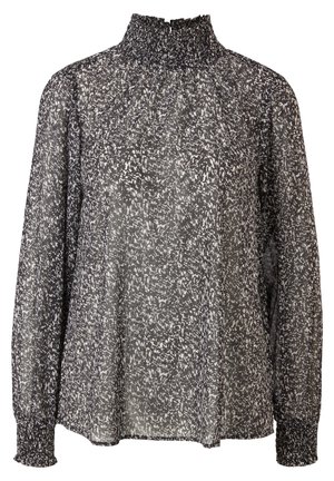 Schwarze und weiße gemusterte Bluse mit langen Ärmeln, hohem Rüschenausschnitt und elastischen Bündchen aus transparenter Stoff.