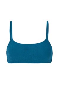 Tyrkysový plavkový top s tenkými ramienkami, texturovaná látka s cik-cak vzorom. Jednoduchý, obdĺžnikový tvar vhodný na plavky.