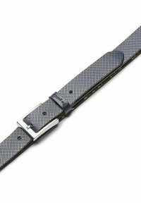 Perforated gray leather belt with a silver metal buckle, central leather accent, and multiple adjustment holes for sizing.