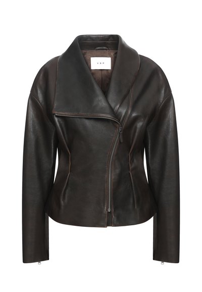 Brown leather jacket with a wide collar, diagonal front zipper, and tailored silhouette. Features smooth texture and minimal stitching details.