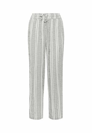 Pantaloni grigio chiaro con strisce verticali bianche e grigio scuro, dotati di vita elastica e coulisse annodata sul davanti.
