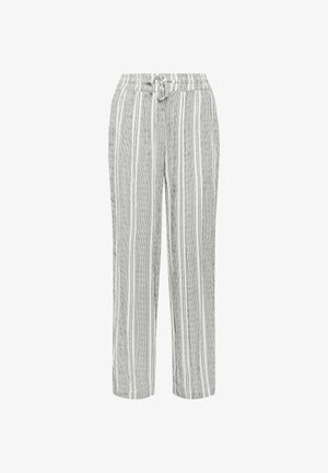 Pantalones gris claro con rayas verticales blancas y gris oscuro, con una cintura elástica y un cordón ajustable anudado al frente.