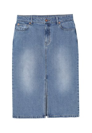 Šviesiai mėlyna džinsinė midi sijonas su priekiniais skilimais, penkiomis kišenėmis ir mygtuko užsegimu. Yra nublukusio plovimo ir siuvinėtos apdailos detalės.