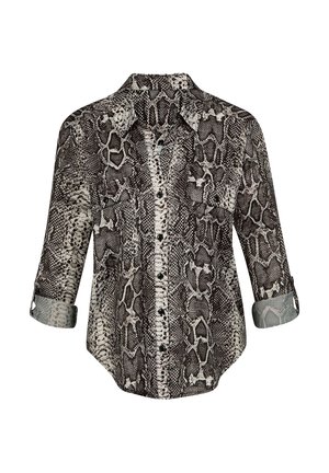 Overhemd met een zwart-wit slangpatroon, voorzien van een klassieke kraag en opgerolde mouwen. Gemaakt van een lichte stof.