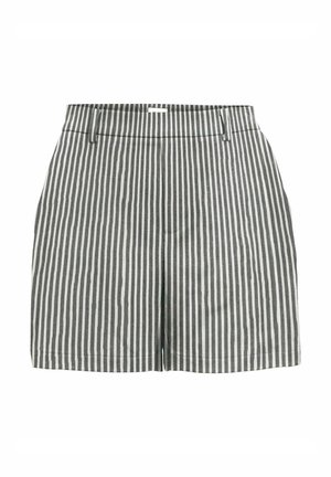 Shorts gri și albi cu dungi, fabricate dintr-un material ușor, având un talie plată, buzunare laterale și o croială ajustată.