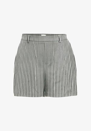 Shorts rayés gris et blanc en tissu léger, dotés d'une taille plate, de poches latérales et d'une coupe ajustée.