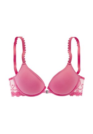 Pink padded bra with underwire, adjustable lace-trimmed straps, and floral lace detailing on side panels, front clasp closure.