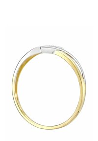 Auksinis ir sidabrinis žiedas su lygiu, blizgiu paviršiumi. Turi smailų kraštą ir subtilią, blizgančią tekstūrą. Minimalistinis dizainas.