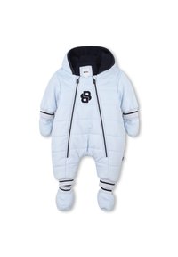Combinaison de neige bleu clair rembourrée avec capuche, zipper à l'avant, logo noir et poignets rayés. Tissu doux avec pieds fermés pour la chaleur.