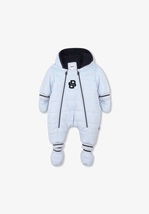 Light blue padded snowsuit with a hood, front zipper, black logo, and striped cuffs. Soft fabric with enclosed feet for warmth.