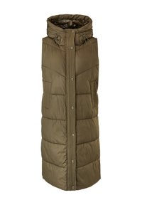 Olijfgroene puffer vest met een hoge kraag, ritssluiting aan de voorkant en zijzakken, met een geboord textuur en metalen drukknoopsluitingen.