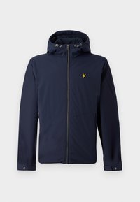 Navy blue hooded jacket with front zipper, adjustable hood cords, zippered side pockets, and a small yellow bird logo on the chest.