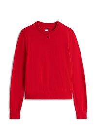 Maglione rosso lavorato a maglia con collo rotondo, maniche lunghe e polsini a coste. Presenta un piccolo logo sulla parte anteriore. Texture morbida.