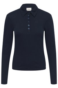 Polo de manga larga azul marino hecho de tela acanalada, con cuello, cierre de botones azules y un detalle sutil de logo.