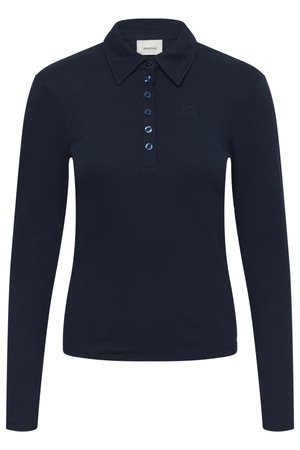 Tmavomodré polo tričko s dlhým rukávom vyrobené z rebrovanej látky, s golierom, zapínaním na modré gombíky a jemným logom.