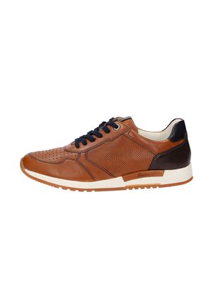 Braune Leder-Sneaker mit durchlöchertem Design, marineblauen Schnürsenkeln und dunkelbraunem Absatz. Gummisohle mit weißem Zwischensohleneinsatz und strukturierten Akzenten.
