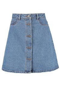 Džínová sukně ve tvaru A v světle modré barvě s návrhem na knoflíky vpředu, která má pět knoflíků, pas a lem, který se jemně zakřivuje.