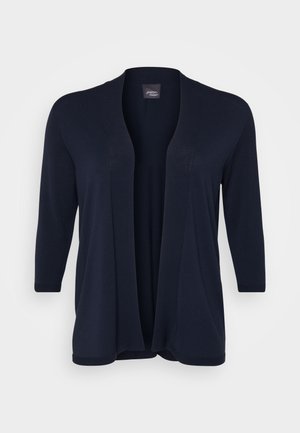 Navy blue cardigan made from knit fabric, featuring three-quarter sleeves and an open front design with no fastenings.