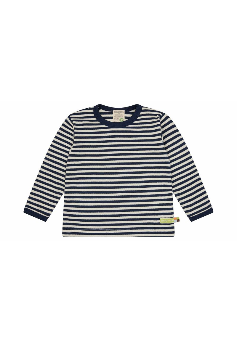 Camicia a maniche lunghe a righe in navy e bianco con collo a girocollo a costine. Presenta un piccolo etichetta sull'orlo e un tessuto in cotone testurizzato.